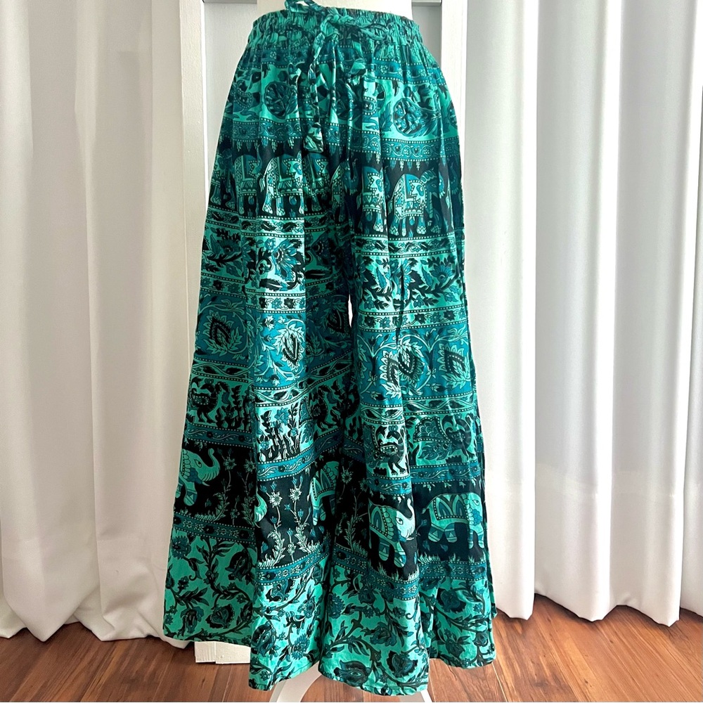 Sheenaz Made in India Blue Green Elephant Printed Pull-On Flare Palazzo Pants M